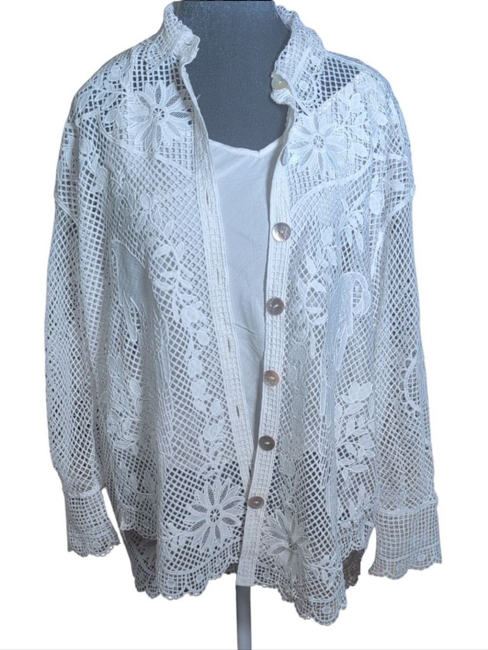 Farm Rio Landscape Guipure Button Front Top Off White Size XS